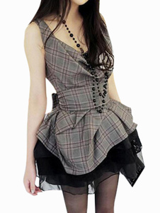 Charmante mini robe grise sexy écossaise avec noeud multicouche