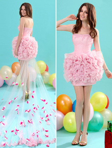 Robe fête de la rentrée princesse rose en dentelle bustier à traîne démontable