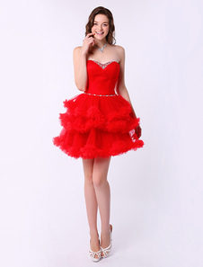 Robe de la rentrée multicouche A-ligne en tulle rouge d'encolure en coeur