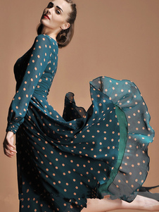 Robe maxi en chiffon à pois et manche longue