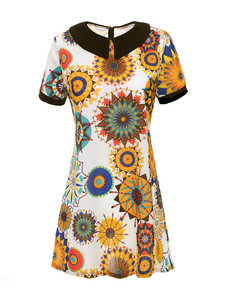 Robe droite jaune artistique de col Peter Pan