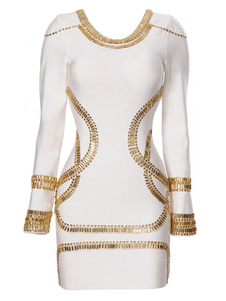 Fabuleuse robe bodycon en rayonne bicolore ornée de bijoux