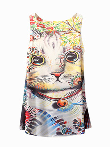 Débardeur féminin casual multicolore imprimé chat