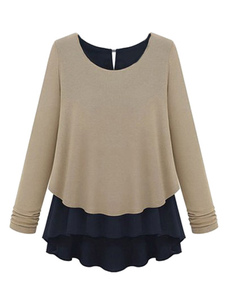 Blouse fémininé en chiffon bicolore col ras du cou style de faux deux-pièces