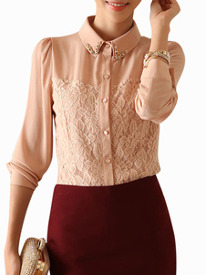 Blouse en chiffon rose unicolore avec dentelle