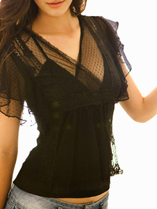 Blouse noire unicolore à volants et demi-transparence