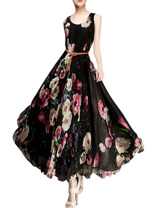Robe longue en chiffon noir imprimé floral