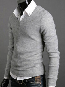 Pull en romanknit gris clair de col V