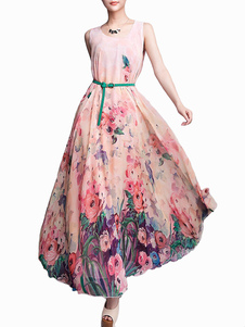 Belle robe maxi rose imprimée florale avec ceinture