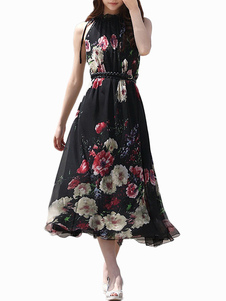 Éblouissante robe maxi en mousseline noir avec ceinture imprimé floral détail col bénitier sans manc