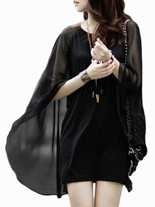 Charmante robe droite mode en chiffon noir unicolore de faux deux-pièces