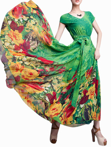 Magnifique robe lognue élégant en mousseline vert imprimé floral détail col rond sans manches