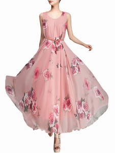 Éblouissante robe maxi élégant en mousseline rose imprimé floral détail col rond sans manches