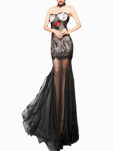 Robe maxi bustier en chiffon noir transparent avec dentelle