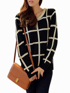 Charmant pull pour femme casual noir écossais manches longues