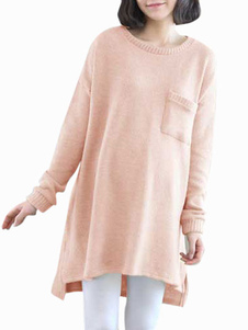 Chic femme pull en coton rose manches longues