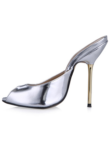 Sandales pratiques mules à peep-toe en PU unicolore talons sabot de cheval