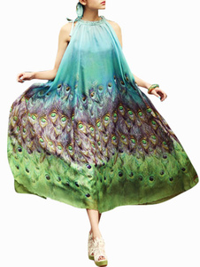 Robe longue en chiffon multicolore à motif paon