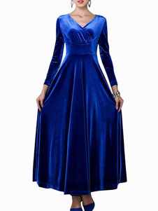Robe maxi en velours de soie de col V et manche longue