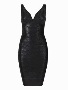 Fabuleuse robe bodycon en rayonne noir métallique unicolore de col V