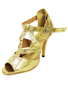 Belles chaussures personnalisées de danse latine à bout ouvert en PU or et noir et motif serpent