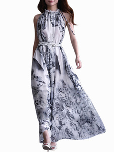 Robe longue en chiffon gris plissé imprimé