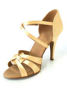 Attrayantes chaussures de latine féminines en satin d'or clair à peep-toe