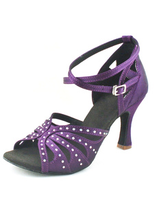 Chaussure de danse latine en satin lavande à talon évasé et peep-toe avec strass