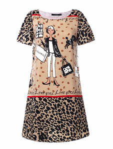 Élégente mini robe marron mode à motif léopard et col ras du cou