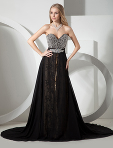 Robe de soirée A-ligne noire en chiffon encolure coeur traîne chapelle avec paillettes