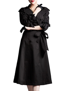 Populaire trench en soie noir avec noeud et col à revers manches longues