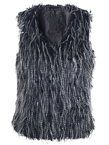 Gilet féminin en fausse fourrure grise à col V
