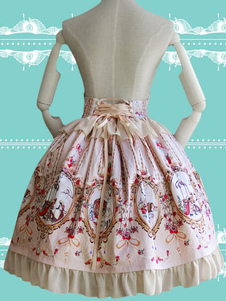 Jupe lolita en coton imprimé artistique avec lacet à volants de taille haute