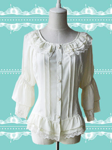Toussaint Cospaly Costume en soie Lolita blanche Blouse manches dentelle Ruffles garniture ronde col