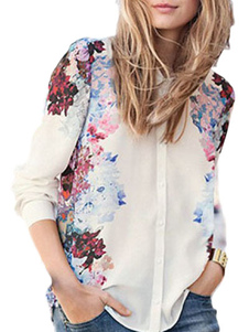 Fascinante féminine blouse de vogue en chiffon blanc impression et col à revers