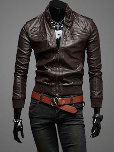 Veste homme en PU unicolore verni de col montant