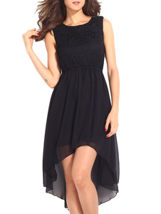 Robe skater plissée en polyester noir unicolore à dos décolleté avec dentelle