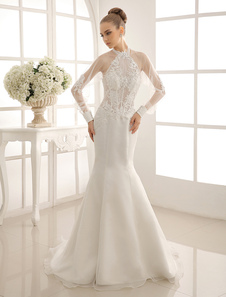 Robe de mariage sirène en satin ivoire avec dentelle à licou