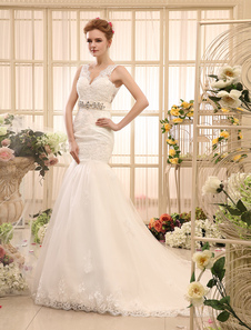 Robe de mariée gracieuse sirène en tulle ivoire avec applique col V traîne chapelle