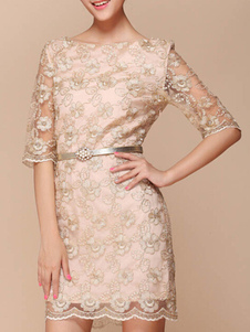 Robe bodycon d'or encolure dégagée imprimé fleuri brodée avec dentelle