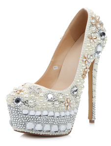 Escarpins plateforme à talon aigu en PU verni blanc avec strass