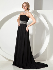 Robe de soirée noire en chiffon bustier à traîne