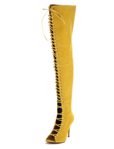 Cuissardes à talon aigu en tissu de terry jaune à lacet