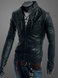 Blouson de cuir noir unicolore avec zip