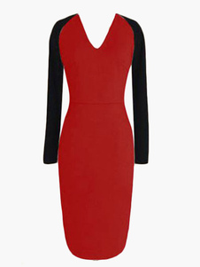 Robe bodycon bicolore en coton à col V et manche longue