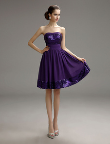 Robe de cocktail A-ligne en chiffon pourpre bustier avec paillettes