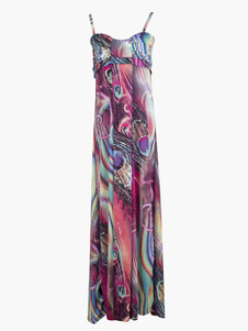 Robe longue en lycra spandex imprimé de plume paon