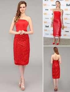 Robe célébrité bustier en satin rouge avec paillettes