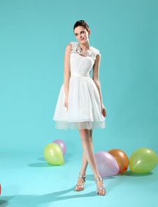 Mariée robe élégante A-ligne ivoire en chiffon détail col rond avec perles mini