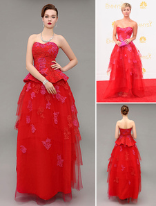 Robe célébrité bustier en tulle rouge avec dentelle